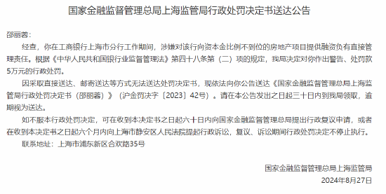 工商银行上海市分行邵丽蓉因向资本金比例不到位的房地产项目提供融资被罚5万元