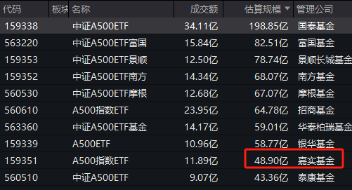 聚焦A500基金大战：嘉实中证A500ETF规模48.9亿元，位居同类倒数第二名，仅比成立3年的泰康基金强点儿  第1张